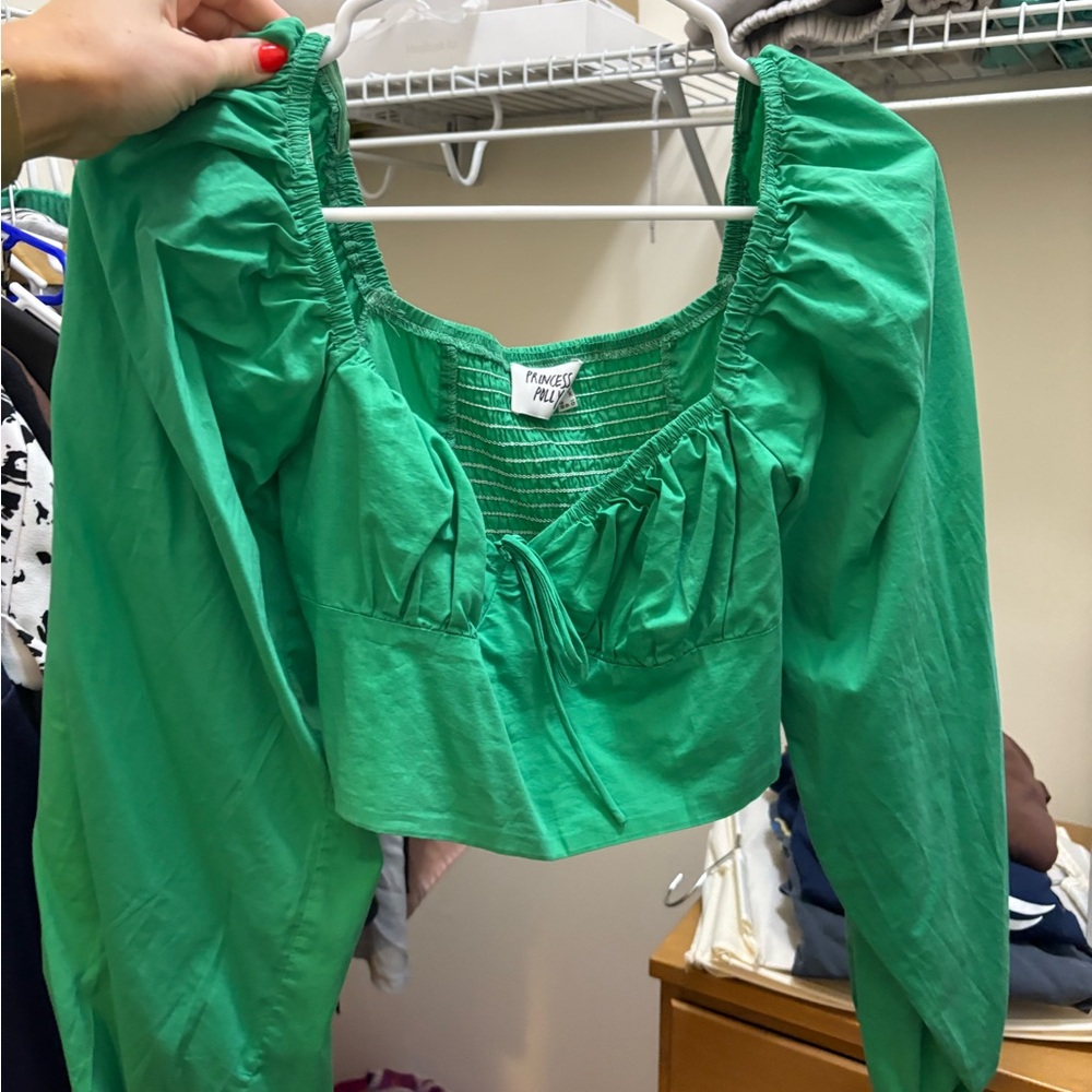 Green Balloon Sleeve Women's Top